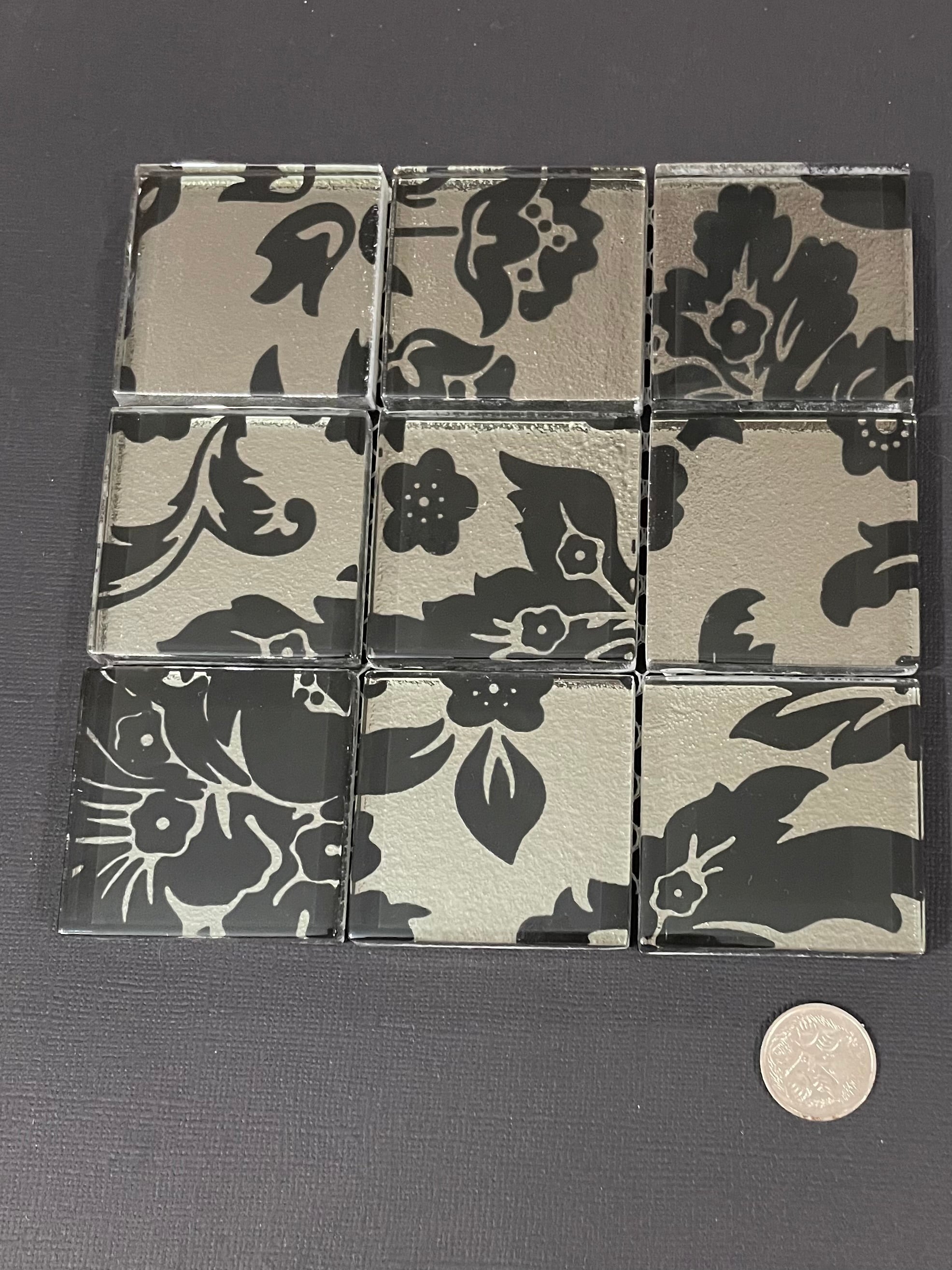 Black and Silver Damask Glass Tiles